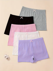 5pcs Girl's Cotton Boxer Briefs Bowknot Elastic Waist Shorts