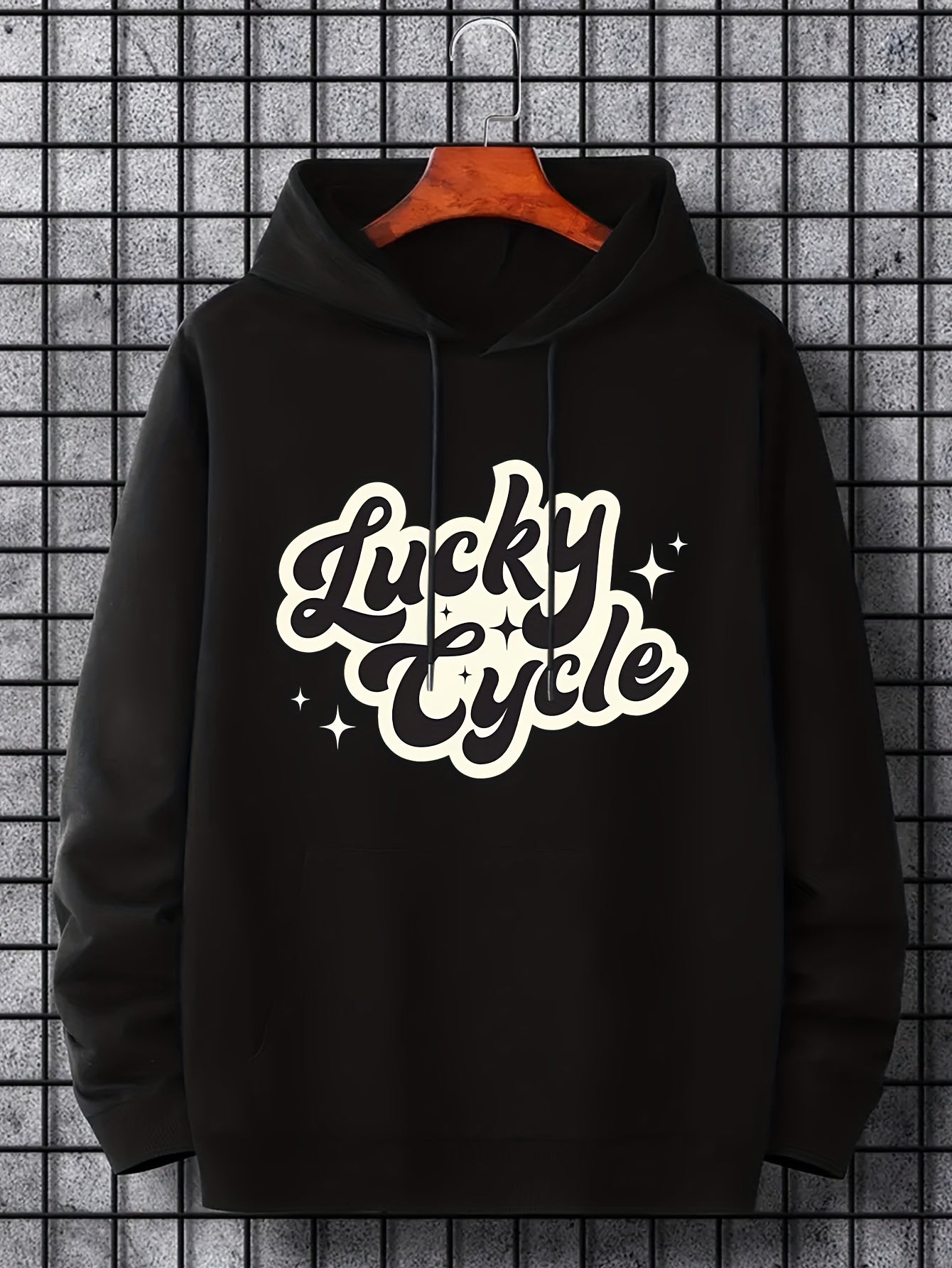 Men's Lucky Cycle Print Hoodie Slightly Stretch Drawstring Hooded Sweatshirt