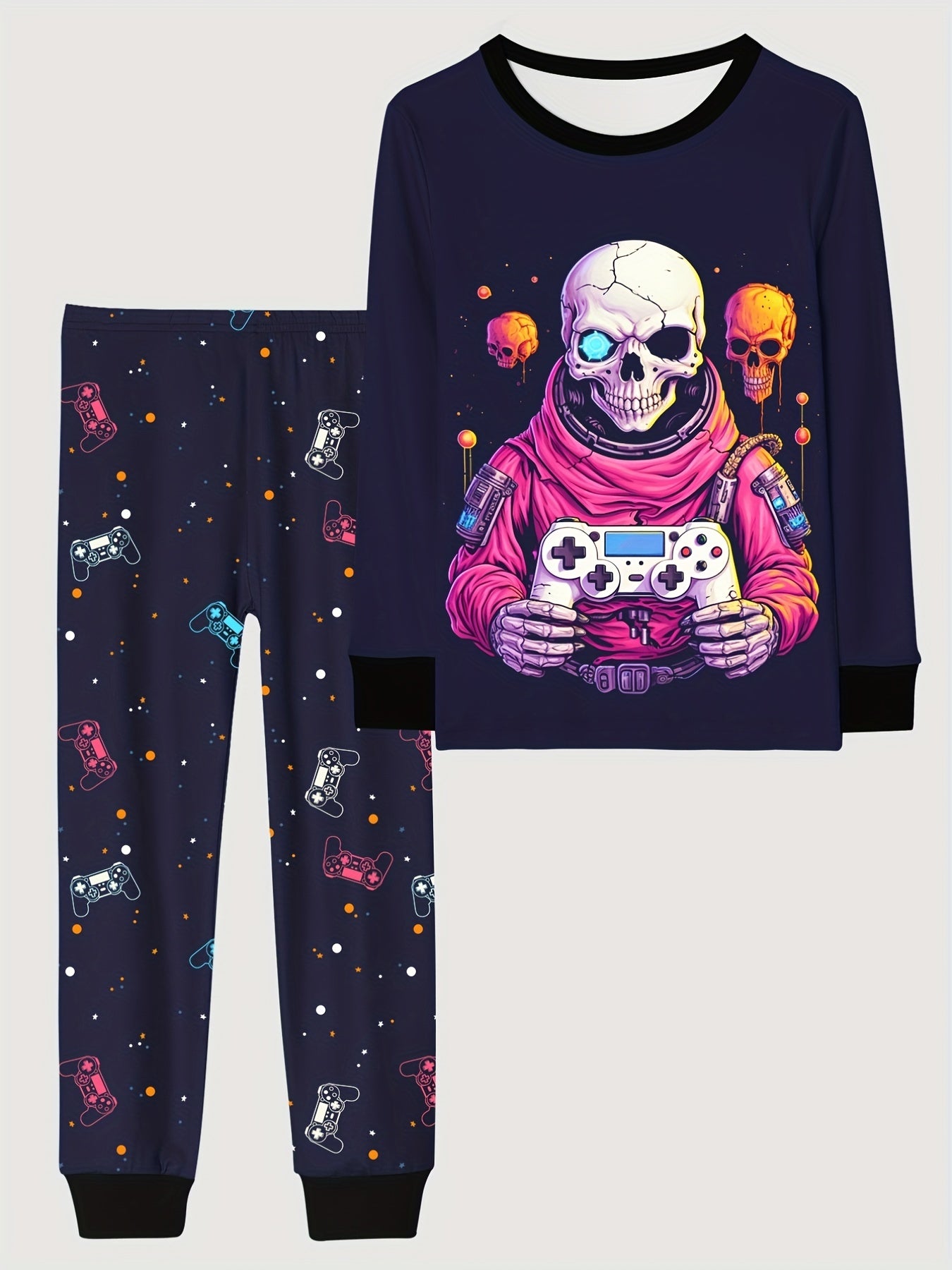 Skull Pattern Kids Pajama Set Halloween Style Comfy PJ Boy's Loungewear