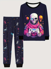 Skull Pattern Kids Pajama Set Halloween Style Comfy PJ Boy's Loungewear