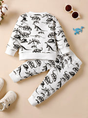 2pcs Toddler Boys Dino Print Crew Neck Sweatshirt & Pants Set