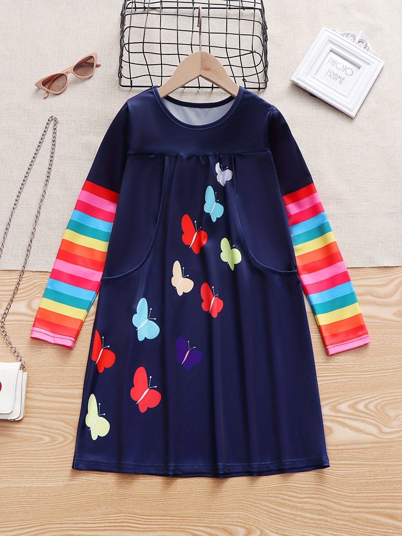 Girls Rainbow Long Sleeve Butterfly Dress Spring Fall Party