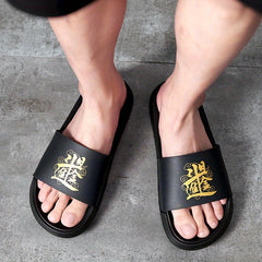 Men's Chinese Char. Pattern Slides Soft Non Slip Slippers for Indoor/Outdoor