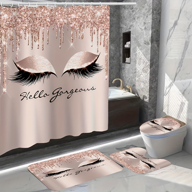 3 4pcs Rose Eyelash Shower Curtain Bathroom Mat Set