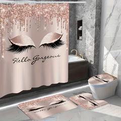 3 4pcs Rose Eyelash Shower Curtain Bathroom Mat Set