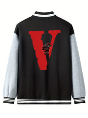 V Letter Print Bear With A Broken Heart Graphic Baseball Jacket