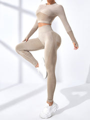 2pcs Women's Workout Set Long Sleeve Sports Tee and High Stretch Leggings