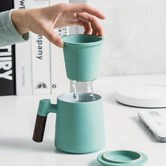 Ceramic Coffee Mug with Stainless Steel Filter and Wood Handle