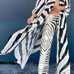 Stripes Tie Front Cover Up Cardigan & Drawstring Pants Set