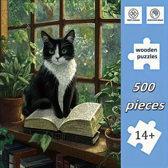 500pcs Wooden Jigsaw Puzzle Cow Cat on Bookshelf Adult Animal Theme