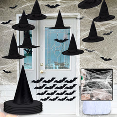 5Pcs Hanging Witch Hats & 16Pcs Bats Decor Set for Halloween
