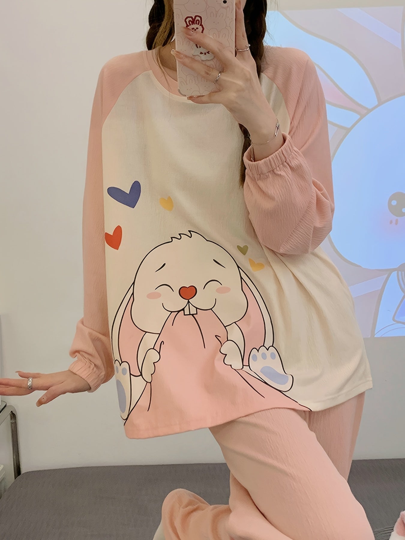 Bunny Print Pajama Set Long Sleeve Crew Neck Top & Pants
