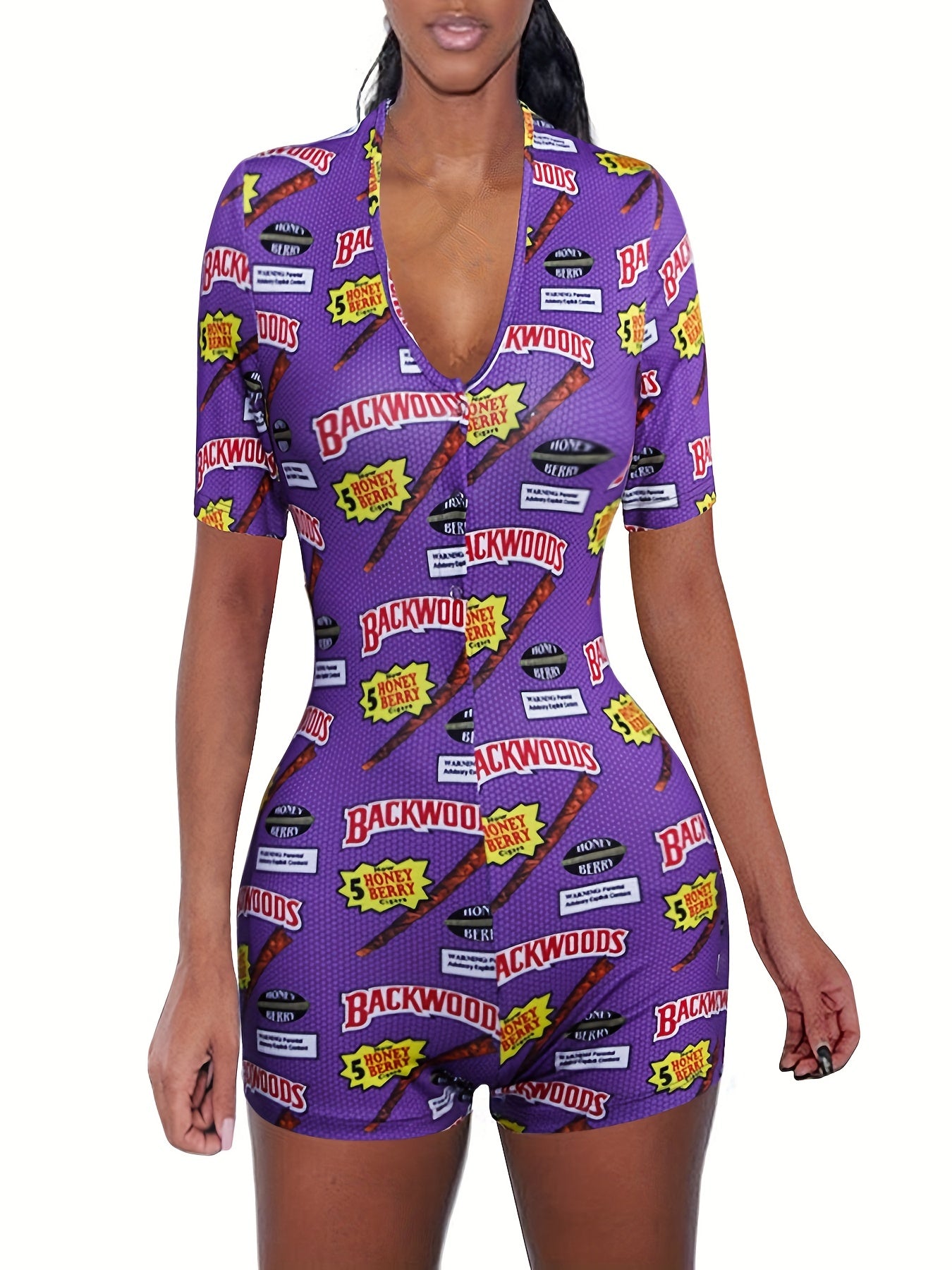 Button Short Sleeve Lounge Romper Women's Sleepwear