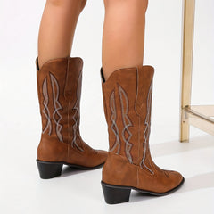 Women's Embroidered Chunky Heel Hiking Boots