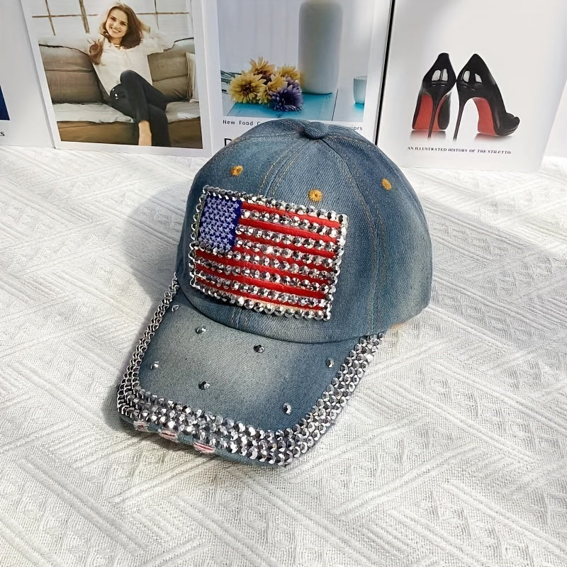 American Patch Baseball Cap with Rhinestone Decor