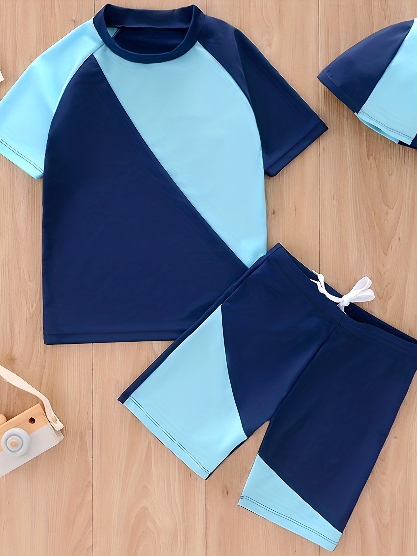 3pcs Boys Block Swimsuit Set with Swimming Cap