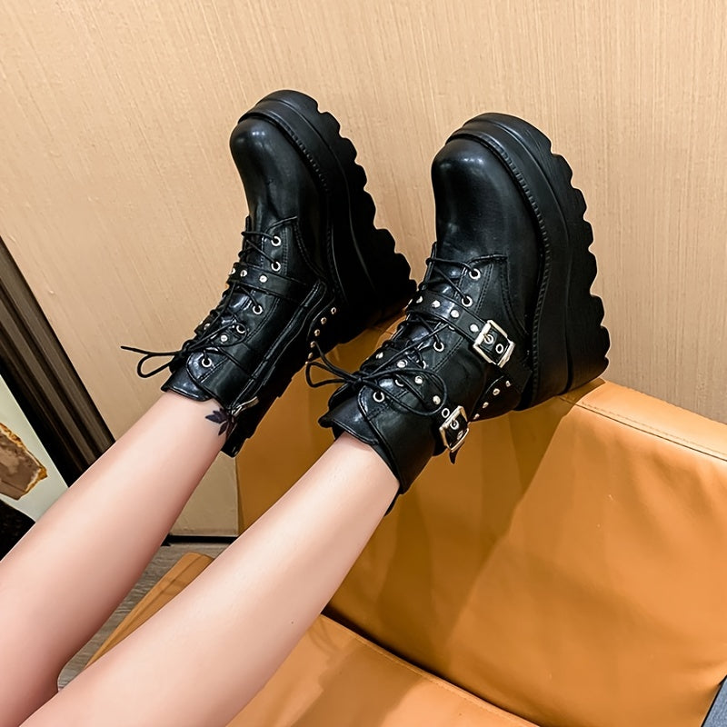 Gothic Style Ankle Boots Round Toe Buckle Strap Lace Up Side Zip Y2K High Heel