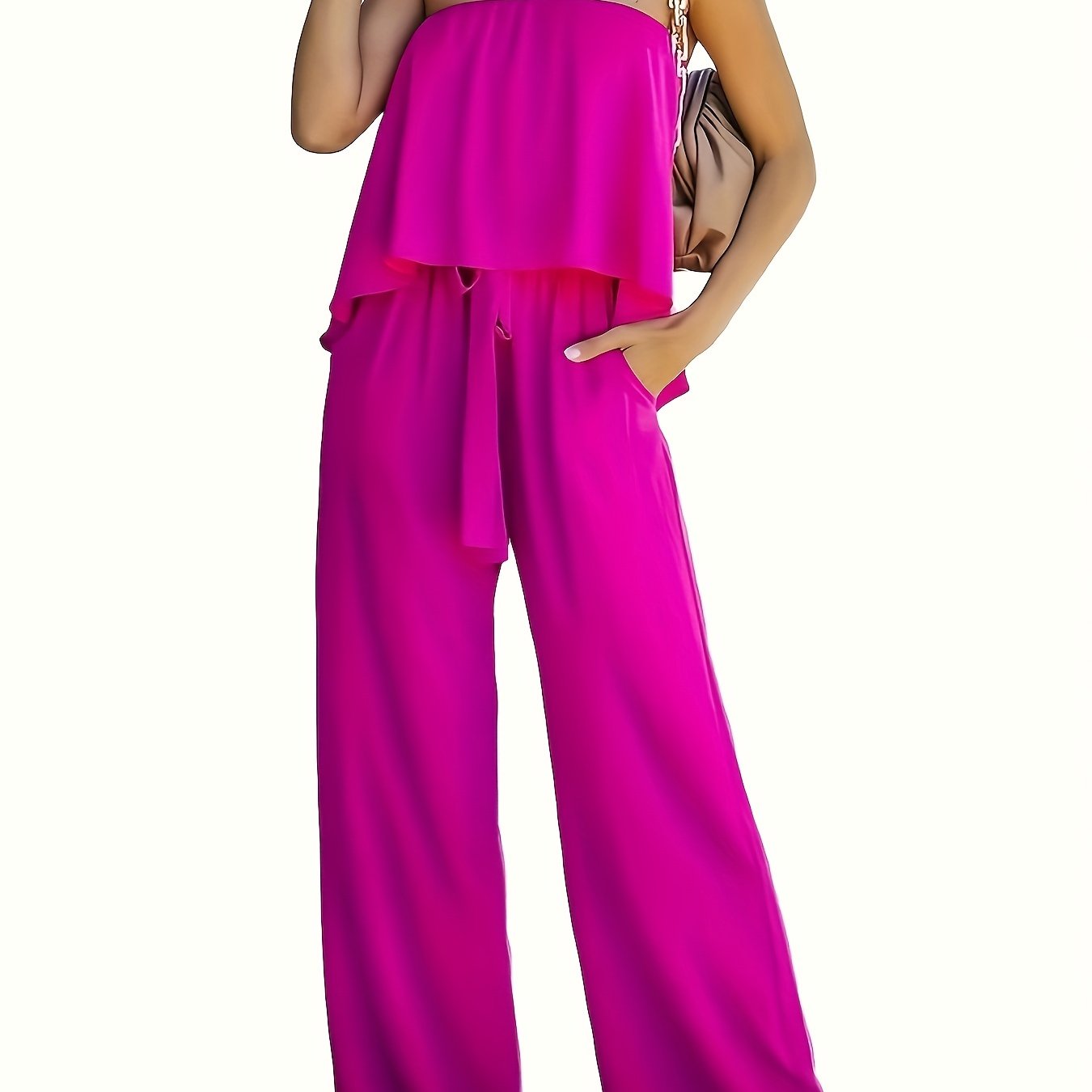 Off Shoulder Wide Leg Jumpsuit Tie Waist Solid Color