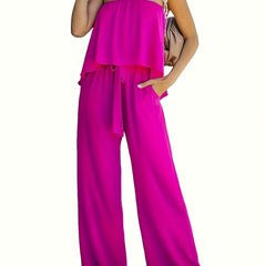 Off Shoulder Wide Leg Jumpsuit Tie Waist Solid Color