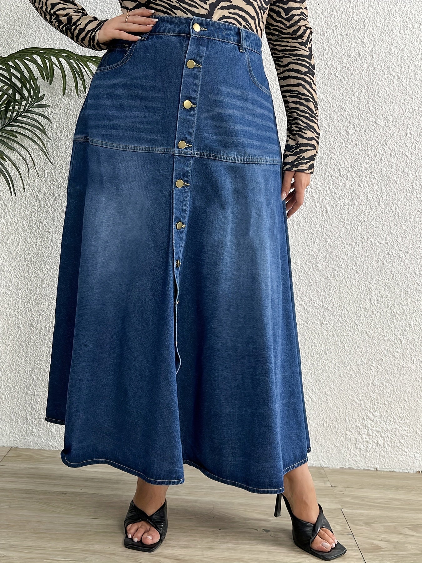 High Rise Maxi Denim Skirt Button Up Washed Casual Women's Plus