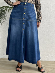 High Rise Maxi Denim Skirt Button Up Washed Casual Women's Plus