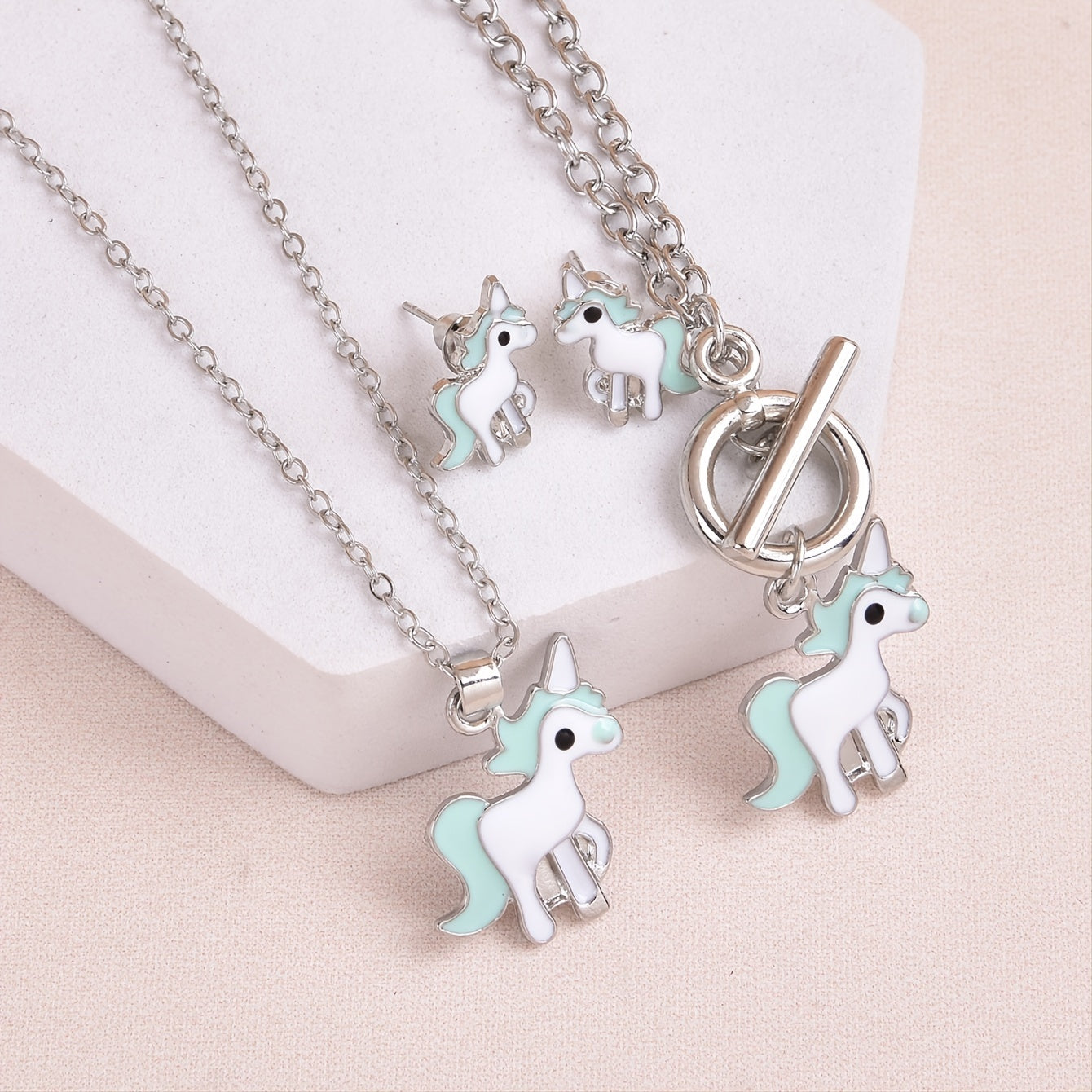 Unicorn Pendant Necklace & Earrings & Bracelet Set - Gift for Girls