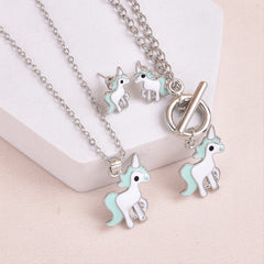 Unicorn Pendant Necklace & Earrings & Bracelet Set - Gift for Girls