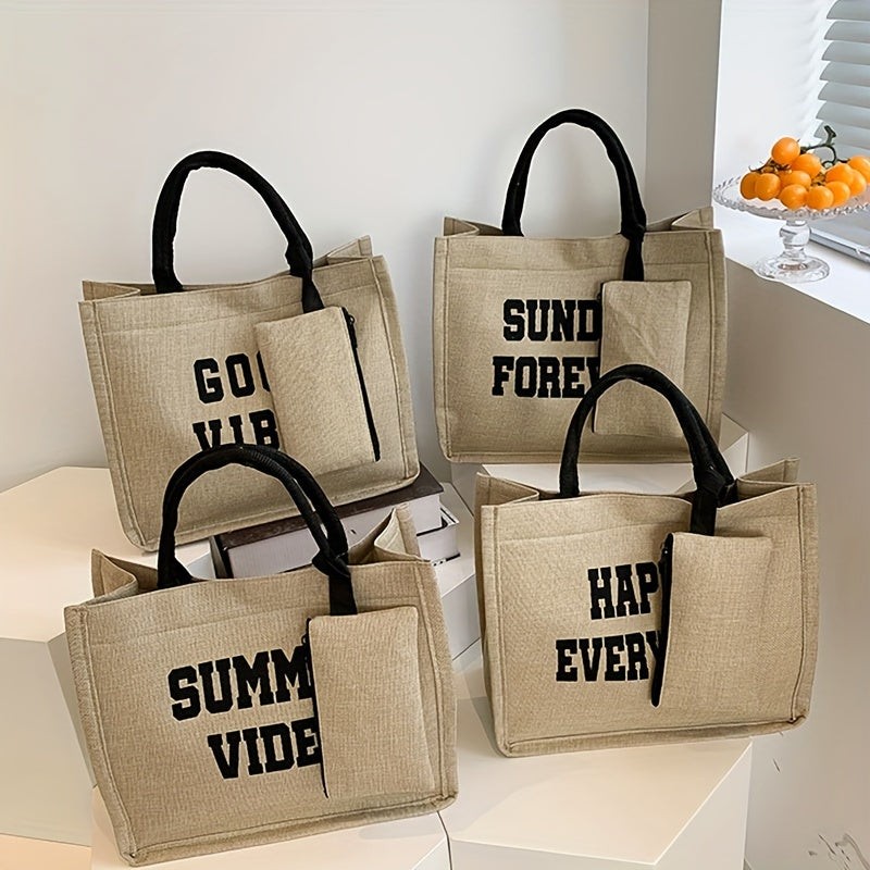 Letter Print Canvas Handbag With Coin Bag Portable Double Handle Tote Bag