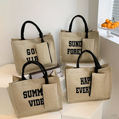 Letter Print Canvas Handbag With Coin Bag Portable Double Handle Tote Bag