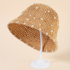 Faux Pearl Decor Bucket Hat Brown Hollow Out Basin Hat Crochet Breathable Cloche