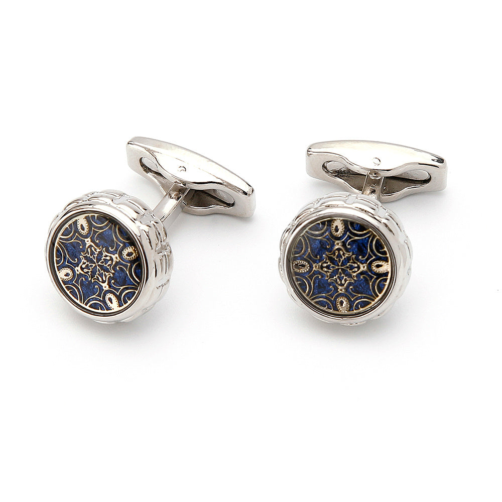 French Vintage Silver Men's Cufflinks, Round Pattern