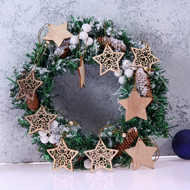 12pcs Wooden Snow Star Pendants for Party Decor