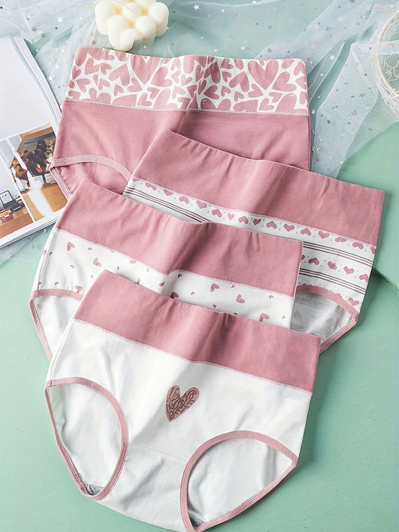 4 Heart Print Briefs High Waist Stretchy Intimates Panties Women's Lingerie