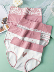 4 Heart Print Briefs High Waist Stretchy Intimates Panties Women's Lingerie