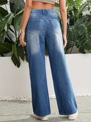 Distressed Straight Leg Jeans High Rise Slash Pocket Denim Pants