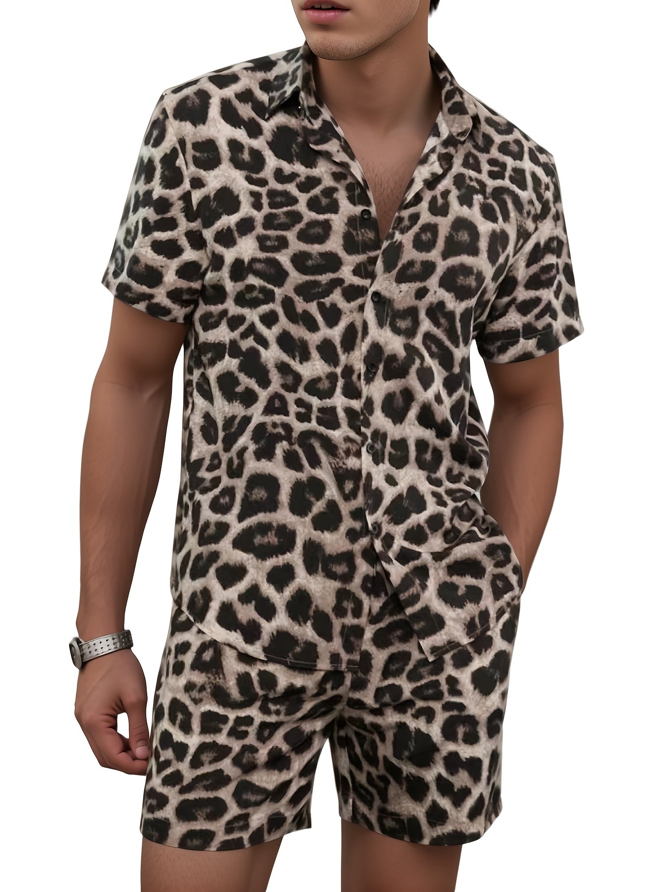 Leopard Print Men's 2Pcs Outfits Camp Collar Button Up Shirt & Shorts Set