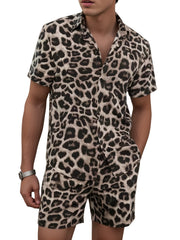 Leopard Print Men's 2Pcs Outfits Camp Collar Button Up Shirt & Shorts Set