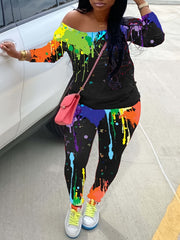 Women's Plus Painting Print Boat Neck Long Sleeve Top & Pants 2pcs Set