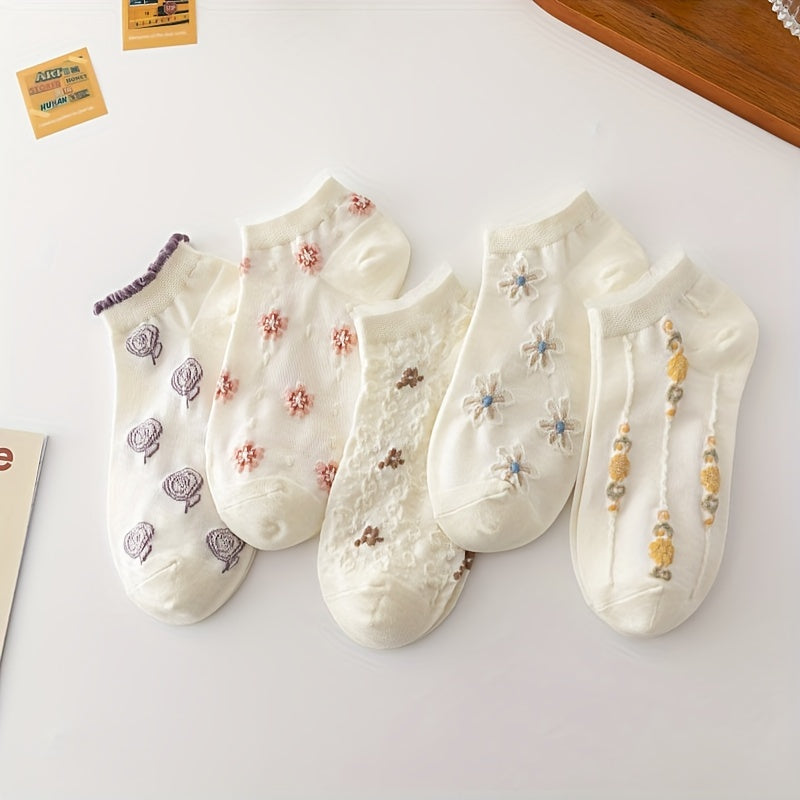 5 Pairs Floral Print Low Cut Ankle Socks Women's Stockings