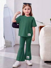 Girl's 2pcs Tshirt & Flared Pants Set BE AWESOME TODAY Patched Short Sleeve Top