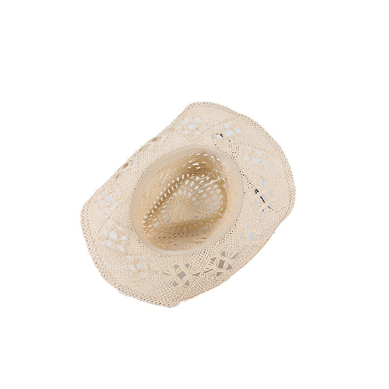 Khaki Straw Cowboy Hat Beads Chain Summer Travel Sun Hat