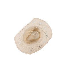 Khaki Straw Cowboy Hat Beads Chain Summer Travel Sun Hat