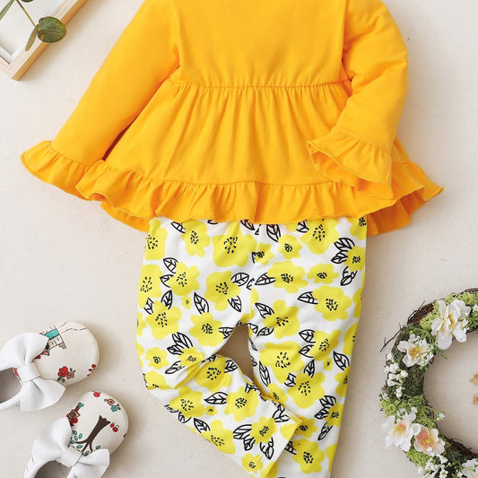 2pcs Yellow Long Sleeve Top & Floral Bottom Set