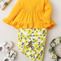 2pcs Yellow Long Sleeve Top & Floral Bottom Set