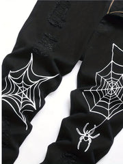 Spider Web Pattern Slim Fit Ripped Jeans Men's Casual Street Style Denim Pants