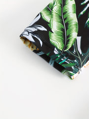 Tropical Print Tankini Set Long Sleeves Round Neck Two Pieces Swimsuit