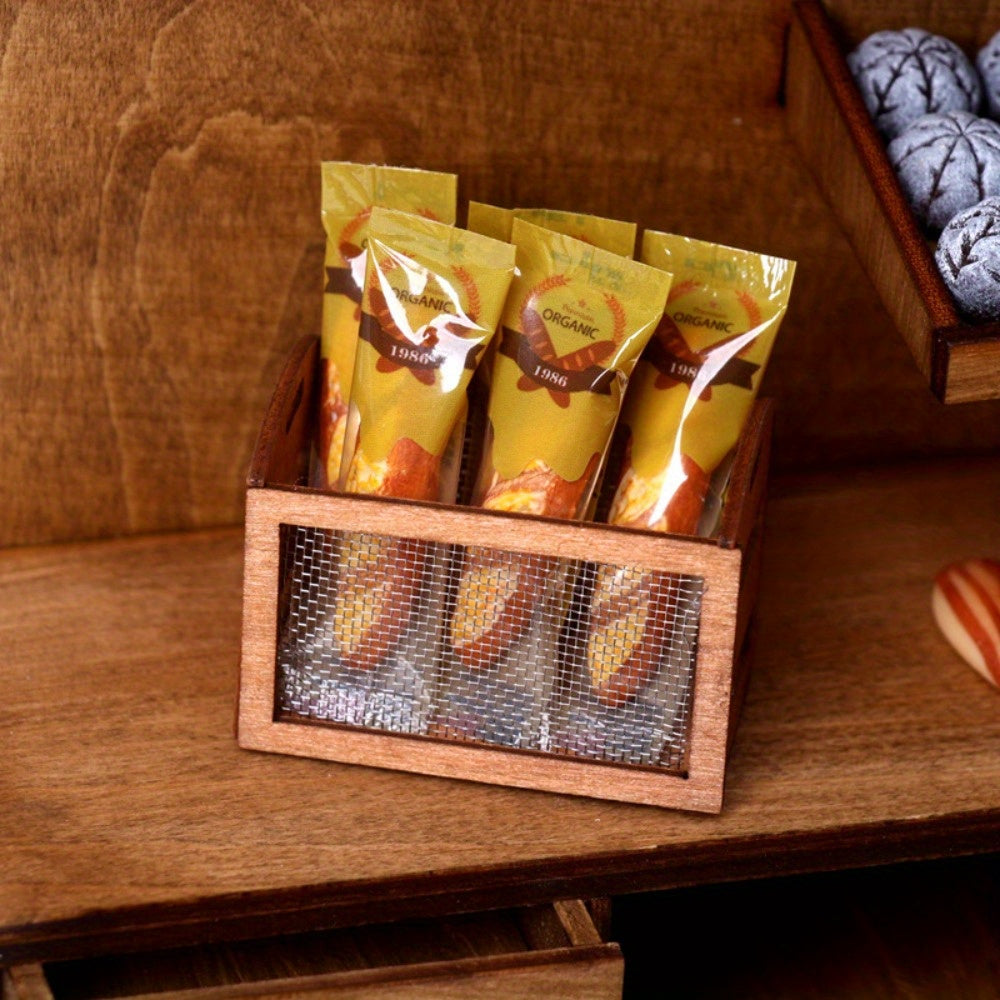 Mini Wood Storage Box with Iron Mesh Light Brown Dollhouse Decor