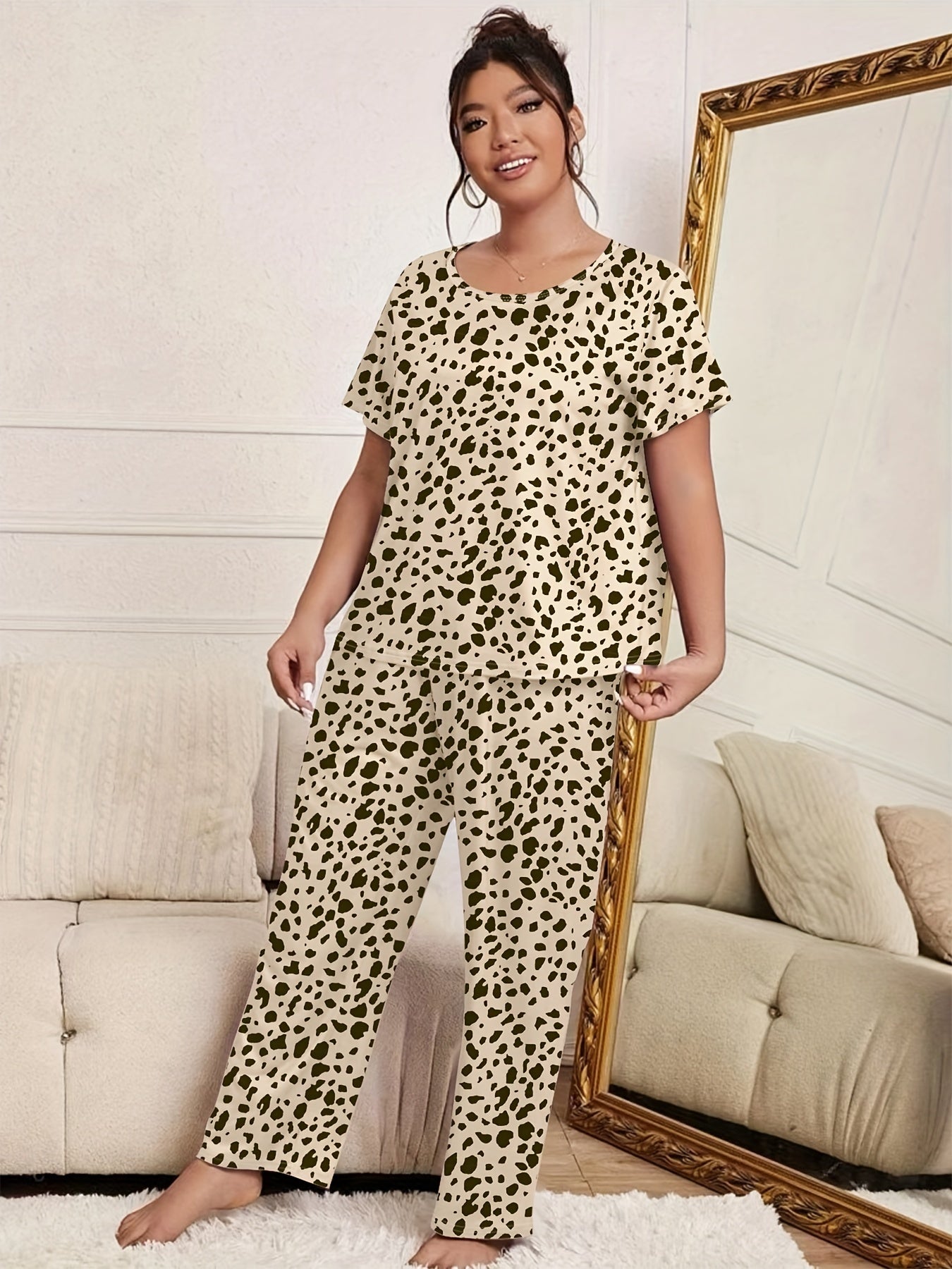 Leopard Print Pajama Set Short Sleeve Tee & Pants Lounge Set