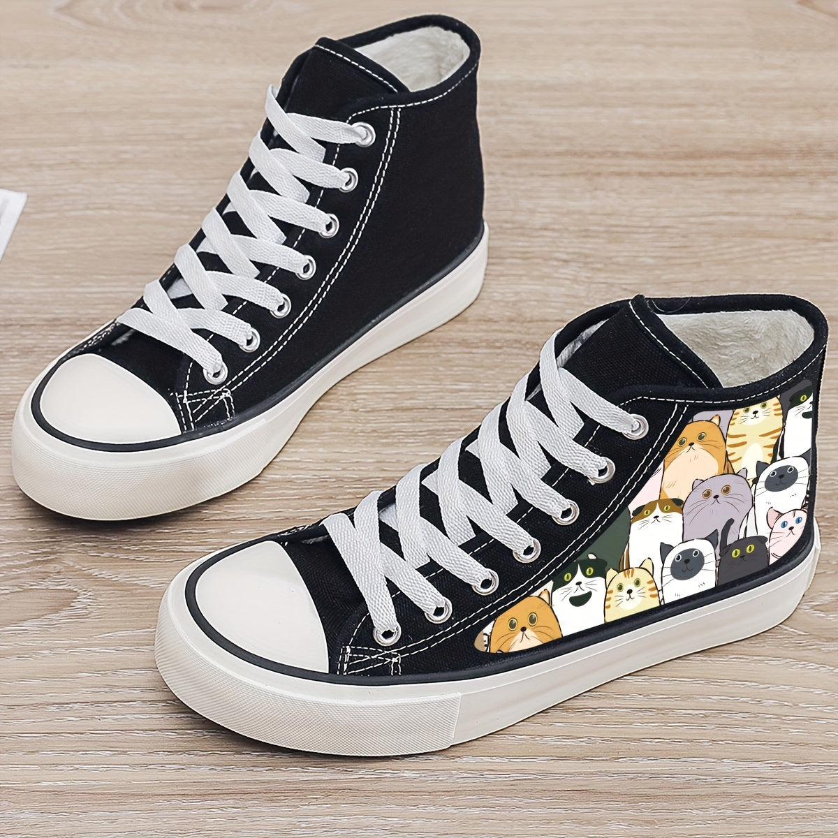 Girl's High Top Cartoon Cats Pattern Skate Shoes with Warm Plush Lining