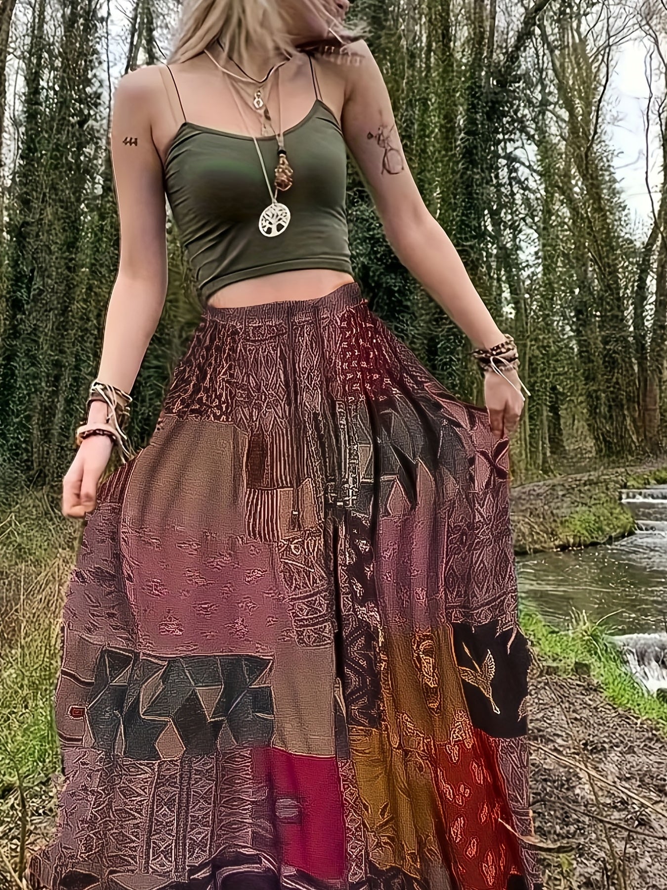 Colorblock Geometric Print High Rise Boho Skirt Plus Size